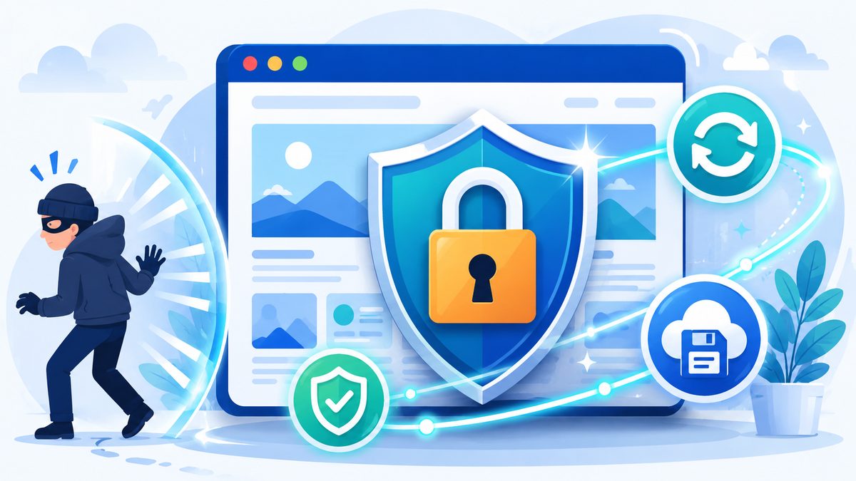 Grundlagen zum Schutz vor Hackern: Website-Fenster mit Schutzschild und Vorhaengeschloss, maskierter Eindringling wendet sich ab, Update- und Speicher