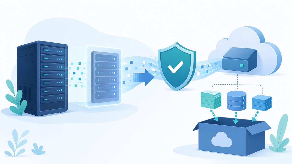 Wie mache ich ein Webseiten Backup?: Server dupliziert sich, Schutzschild mit Haken und Cloud-Laufwerk, Dateien und Datenbank-Zylinder werden in eine