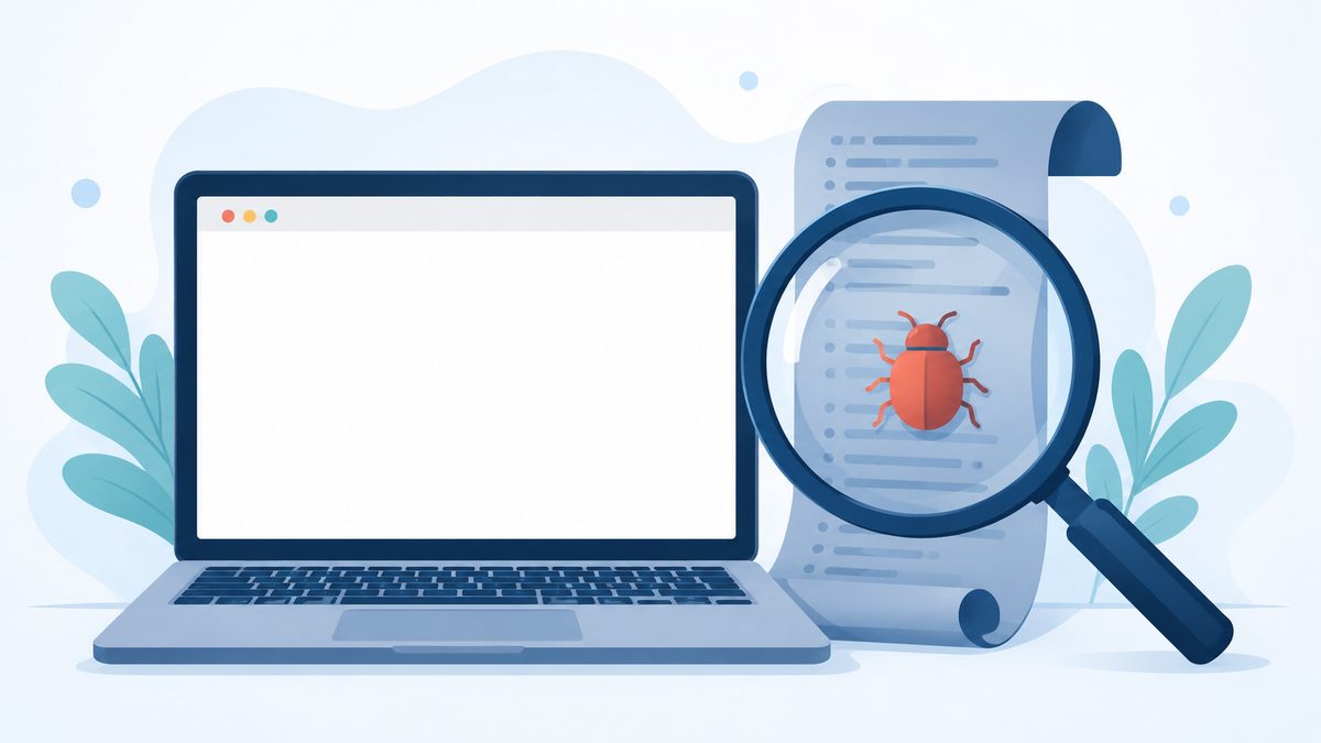 WeiÃŸe Seite statt Bildergalerie: PHP-Fehler erkennen: Leeres weisses Browserfenster auf einem Laptop neben einer Log-Schriftrolle, in der eine Lupe ei