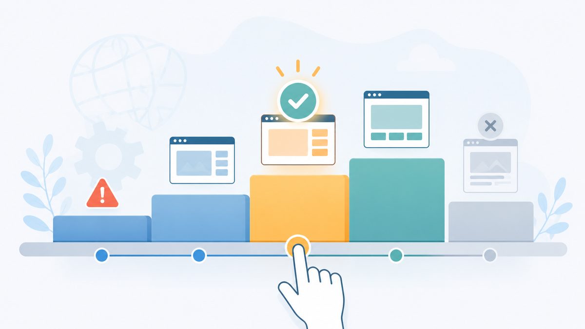 Welche PHP Version brauche ich?: Gestufte Versionsbloecke mit roter Warnung links, gruenem Haken-Block in der Mitte und verblasstem X-Block rechts, Ha