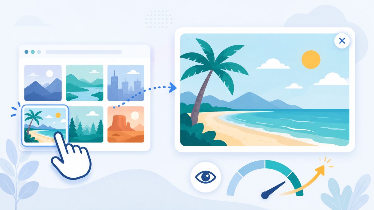 Was ist ein ZÃ¤hler fÃ¼r Bildaufrufe?: Thumbnail-Raster, ein angeklicktes Bild oeffnet sich gross als Strandfoto, darunter ein Augen-Icon und eine anste