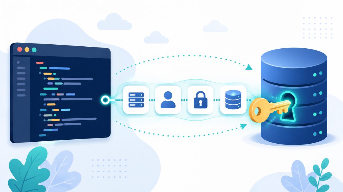 Was sind Zugangsdaten zur Datenbank?: Code-Editor verbunden mit Datenbank-Zylinder samt Schluessel und Icon-Slots (Server, Nutzer, Schloss, DB)