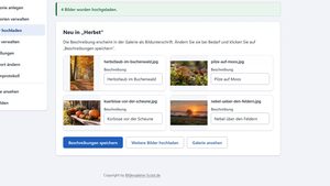 Ergebnis nach dem Upload: vier Herbstfotos mit Vorschau, neuem Dateinamen und je einem Feld für die Beschreibung