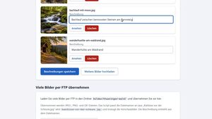 Bilder verwalten: Foto eines Bachlaufs mit ergänzter Beschreibung, darunter die Knöpfe Ansehen und Löschen