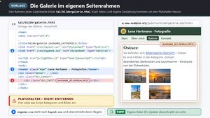 Erklärbild zur Vorlage tpl/bildergalerie.html: Kopf, Menü und eigene CSS-Datei rund um den Platzhalter, rechts die Galerie im Rahmen einer Website