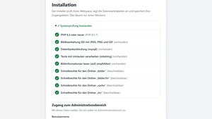 Systemprüfung im Installer: PHP, Bildbearbeitung GD, mysqli, mbstring, exif und die Schreibrechte der vier Ordner sind grün abgehakt