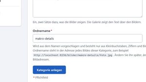 Formular Kategorie anlegen: Ordnername makro-details, darunter die Beispieladresse eines Bildes dieser Kategorie